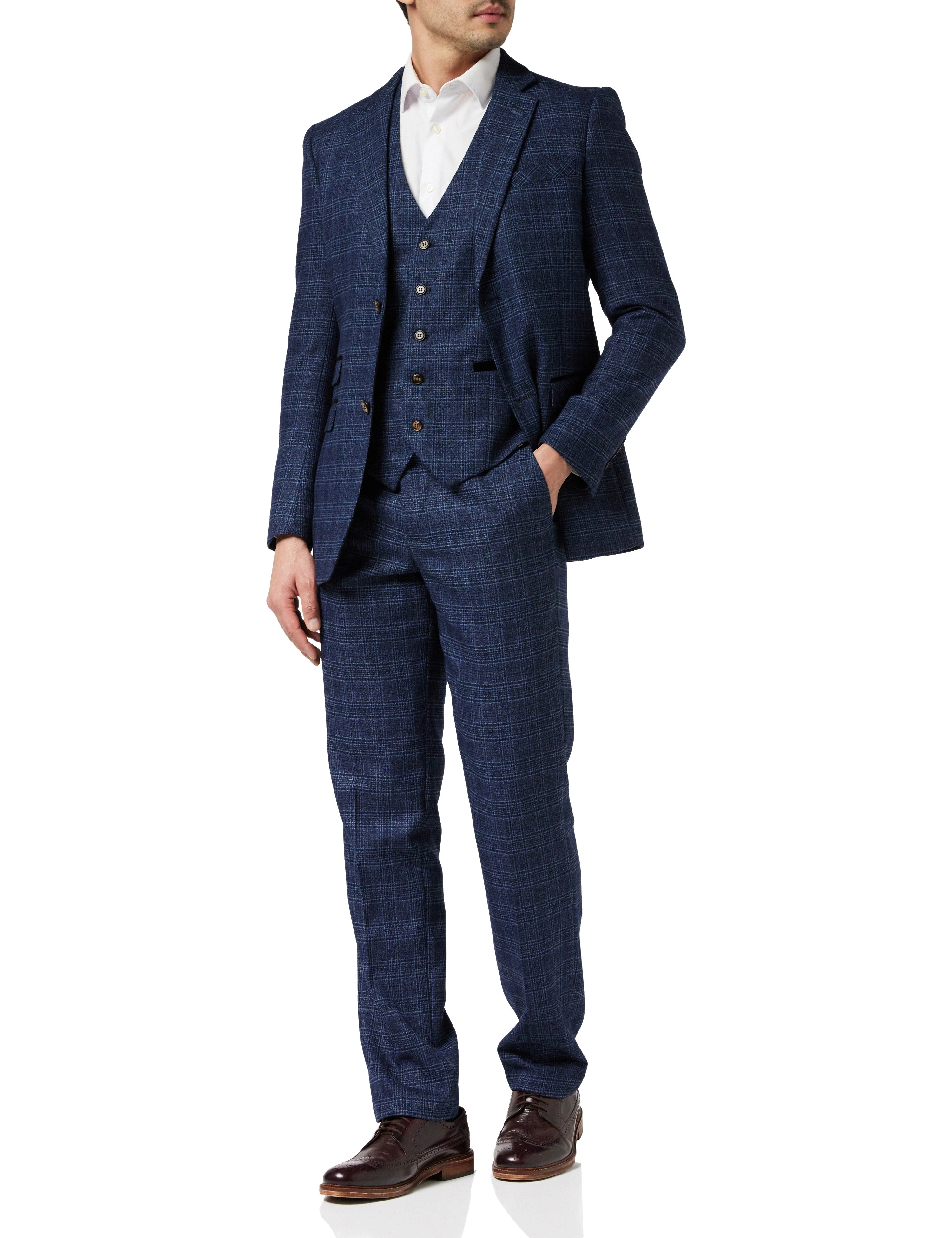 Navy Tweed Check Suit: The Quintessential Gentleman's Choice.
